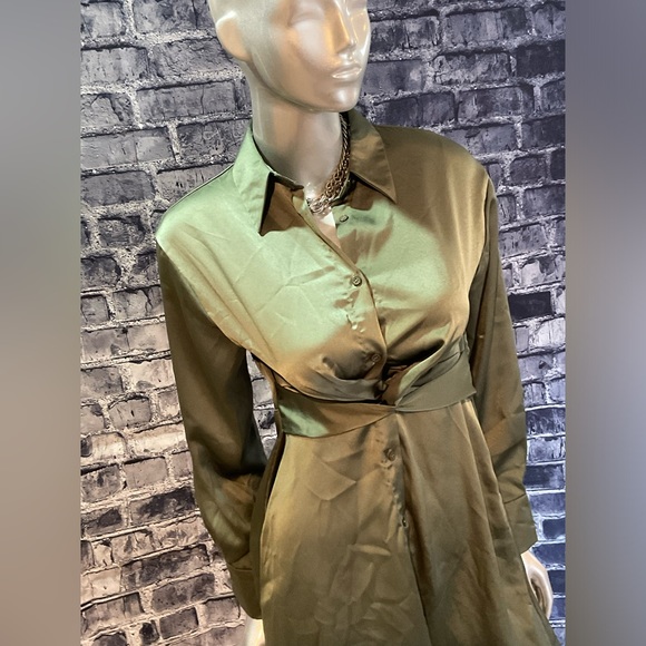 Olive Green Satin Long Sleeve Formal Dress - Picture 5 of 7